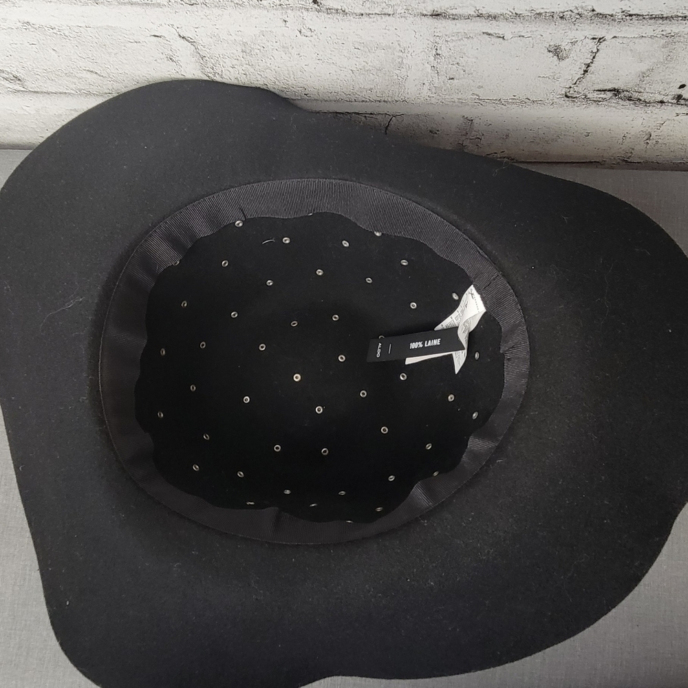 ALDO Black 100% Wool Studded Wide Brim Fedora Gold Detail Hat NWT - Picture 3 of 4